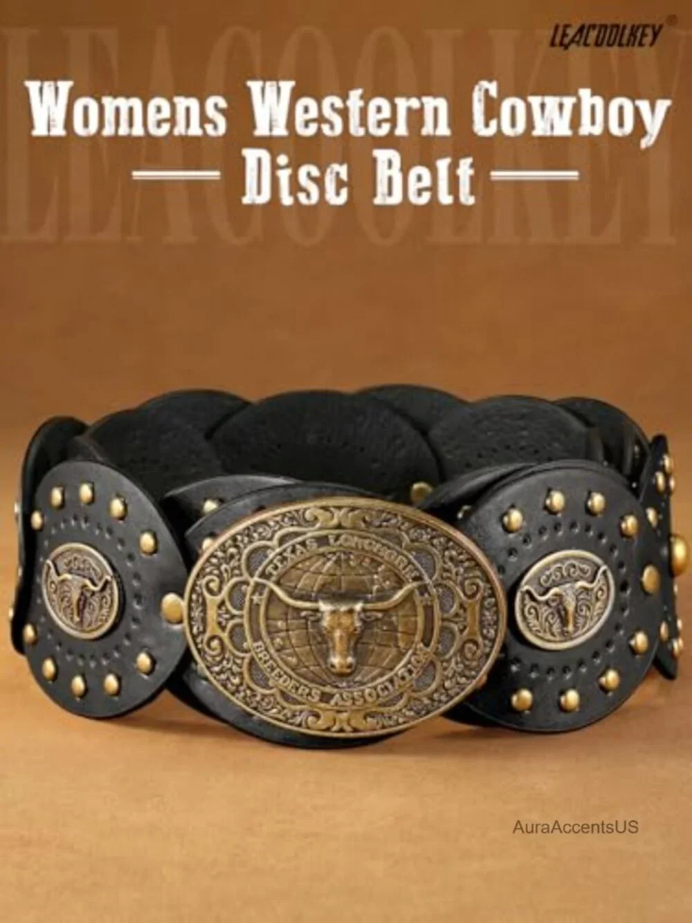 Faux Leather Disc Belt with Rotating Discs - Cowboy Western Concho Belt